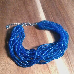 Blue Glass Sterling Silver Seed Beaded Bracelet